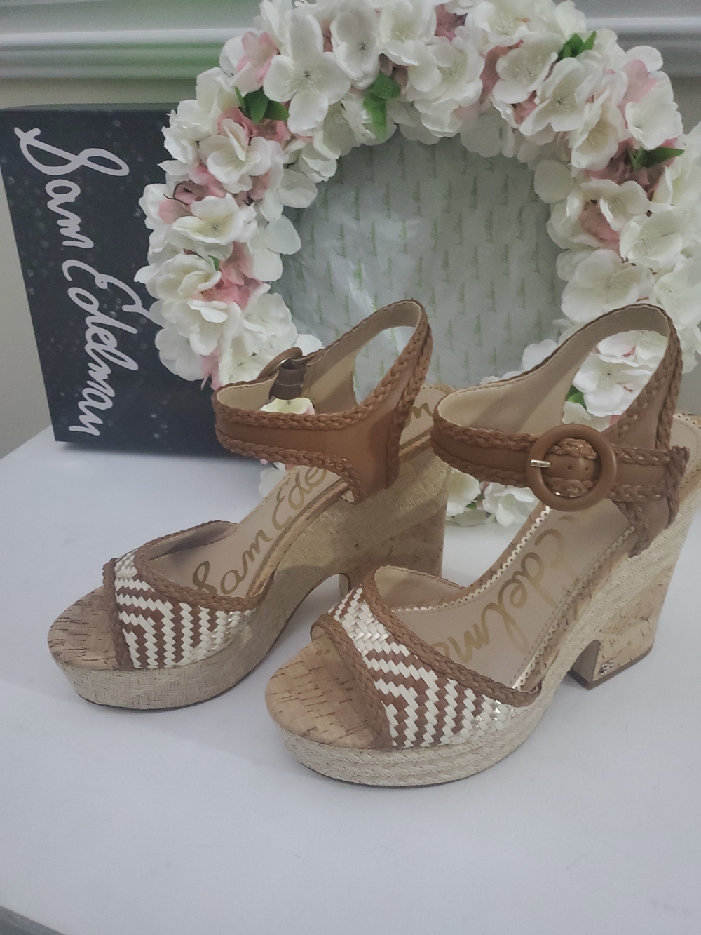 Sam Edelman Tan and Cream Woven Cork Wedge Sandals